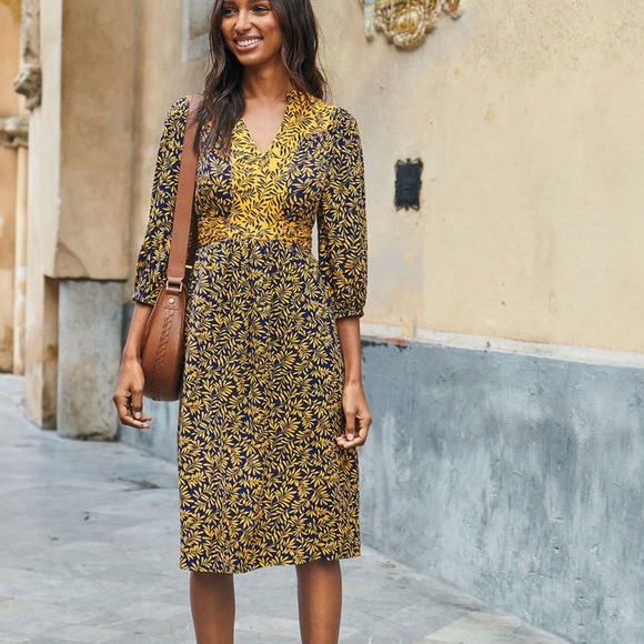 Boden Ariadne Midi Dress Boho Peasant Tie Waist Printed Yellow Navy Blue Size 6 - Picture 3 of 10